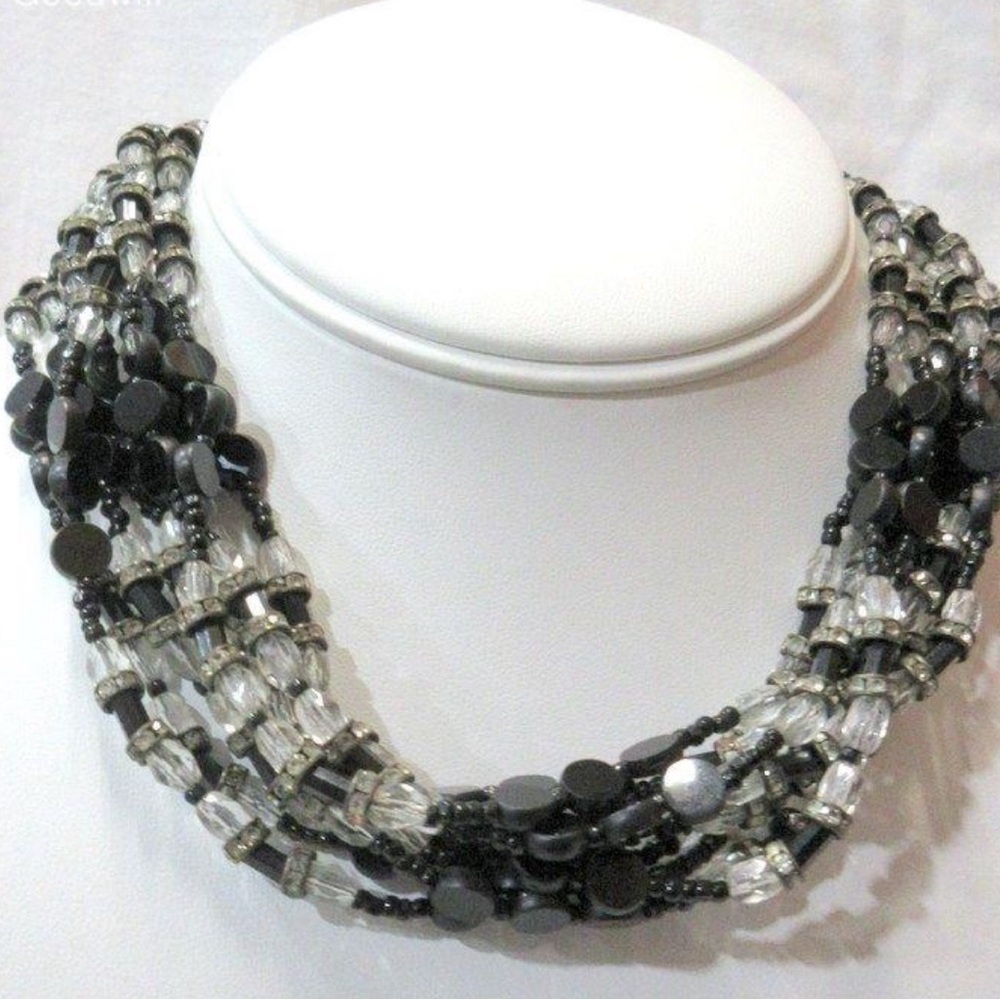 15 “ Miriam Haskell Multi Strand Black & White Rhinestone and Bead Necklace